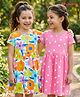 Honeyhap Premium 100% Cotton Knit With Bio Finish Half Sleeves Frocks With Floral & Polka Dot Print Pack of 2 - Sachet Pink & Bright White
