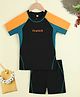 Pine Kids Half Raglan Sleeves Colour Block Two Piece Swimsuit with Text Print - Black