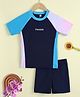 Pine Kids Half Raglan Sleeves Colour Block Two Piece Swimsuit with Text Print- Navy Blue