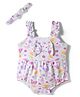 Babyhug 100% Cotton Knit Sleeveless Floral Printed Onesie with Headband & Bow Applique- White