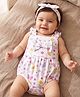Babyhug 100% Cotton Knit Sleeveless Floral Printed Onesie with Headband & Bow Applique- White