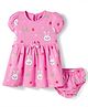 Doodle Poodle 100% Cotton Single Jersey Knit Half Sleeves Frock With Bunny Print & Bloomer - Pink