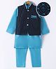 Ridokidz Cotton Woven Full Sleeves Kurta Salwar Set With Embroidered Nehru Jacket - Navy Blue & Mustard