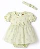 Babyhug 100% Cotton Knit Half Puffed Sleeves Floral Printed Frock Style Onesie with Headband & Bow Applique - Lime Green