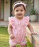 Babyhug 100% Cotton Knit Frill Sleeves Floral Printed Romper with Hairband - Pink