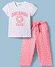 Honeyhap Premium 100% Cotton Knit Half Sleeves Hearts Printed T-Shirt & Capri Night Suit With Bio Finish - Bright White & Shell Pink