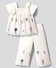 Bonfino 100% Cotton Woven Half Sleeves Top & Lounge Pant Set With Floral Embroidery & Scallop Detail - White