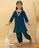 AJ Dezines Velvet Woven Three Fourth Sleeves Lace Embellished Kurti & Salwar Set - Turquoise