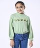Ed-a-Mamma Cotton Knit Full Sleeves Leaves Embroidered Top   - Green