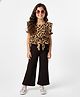 CrayonFlakes Cotton Knit Frill Sleeves Leopard Printed Top & Culottes Set - Black