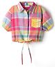 CrayonFlakes Cotton Woven Half Puffed Sleeves Madras Checked Shirt Style Crop Top - Pink