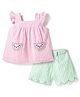 Babyhug Select Cotton Woven Frill Sleeves Striped Top & Shorts Set - Pink & Sea Green