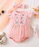 Mark & Mia Cotton Frill Sleeves Floral Embroidered Onesie with Headband Bow & Lace Detailing - Pink