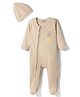 Bonfino 100% Cotton Knit Full Sleeves Footed Sleepsuit & Cap With Star Print - Beige