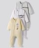 Bonfino Cotton Knit Full Sleeves Footed Sleep Suits with Striped Text Print & Animal Embroidery Pack of 3- Grey Beige & White