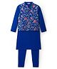 EARTHY TOUCH 100% Cotton Knit Half Sleeves Floral Foil Printed Kurta & Pyjama Set With Jacket - Navy Blue