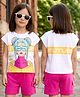 OLLINGTON ST. Cotton Knit Half Sleeves Top With Print & Shorts Set  - Multicolor & Pink
