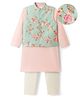 EARTHY TOUCH Cotton Linen Woven Full Sleeves Kurta Pyjama Set with Floral Printed Jacket - Baby Pink