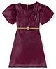 Hola Bonita Woven Half Puffed Sleeves Solid Shimmered Party Dress with Bow Applique &  Belt - Wine