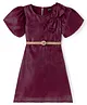 Hola Bonita Woven Half Puffed Sleeves Solid Shimmered Party Dress with Bow Applique &  Belt - Wine