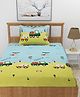 Morado Premium Glace Bus Print Cotton Elastic Fitted Single Bedsheet With 1 Pillow Cover - Blue & Green