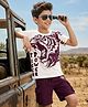 OLLINGTON ST. Cotton Knit Tiger Printed Half Sleeves T-Shirt & Knit Shorts Set - Multicolor & Wine