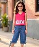 OLLINGTON ST. Cotton Knit Sleeveless Top With Believe Print & Denim Pant Set - Maroon & Indigo