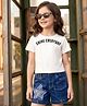 OLLINGTON ST. Cotton Knit Half Sleeves Top With Print & Denim Shorts Set - Off White & Indigo