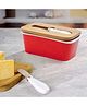 UMAI Ceramic Butter Dish with Lid & Knife (600ml) | Butter/Cheese Box for Fridge | Wooden Airtight Lid with Sealed Silicone Ring | Butter Container | Butter Holder/Case (Red, Pack of 1)