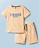 Evimo Sinker Knit Half Sleeves T-Shirt & Shorts Set with Stronger Than Ever Print - Peach