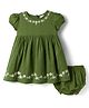Babyhug Cotton Woven Half Sleeves Flared Frock & Bloomer With Floral Embroidery - Green
