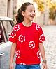Pine Kids Cotton Knit Half Sleeves T-Shirt With Floral Print - Red