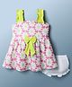Dew Drops Cotton Woven Sleeveless Floral Printed Frock with Bloomer & Bow Applique - Pink