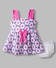 Dew Drops Cotton Woven Sleeveless Floral Printed Frock with Bloomer & Bow Applique - Lavender