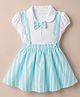 Dew Drops Poplin Knit Half Sleeves Top with Attached Bow & Skirt with Stripes - Aqua