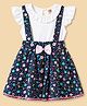 Dew Drops Poplin Knit Flutter Sleeves Top & Floral Printed Skirt with Suspender & Bow - Navy Blue
