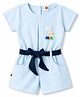 Dew Drops Woven Half Sleeves Jumpsuit With Bear Patch & Belt - Light Blue