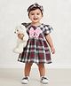 Many frocks & Cotton Woven Half Sleeves Checked With Bow Applique Detailed Dress - Maroon