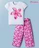 Honeyhap Premium 100% Cotton Knit Half Sleeves T-Shirt & Pyjama Night-Suit With Bio Finish & Floral Print - Carmine Rose & Bright White