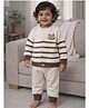 Little Surprise Box Blended Knit Full Sleeves Striped & Teddy Bear Applique Detailed Winter Shirt & Pants Set - Cream
