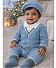 Little Surprise Box Blended Knitted Full Sleeves Cable Knit Designed Winter Shirt & Pants Set With Cap - Blue - Circumference 14cm