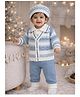 Little Surprise Box Blended Knit Full Sleeves Geometric Designed Winter Shirt & Pants Set With Cap - Blue - Cap Circumference - 14cm