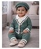 Little Surprise Box Blended Knit Full Sleeves Cable Knit Designed Winter Shirt & Pant With Cap Set - Green - Circumference 14 Cm