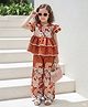 Cutiekins Rayon Woven Half Sleeves Floral Embroidered Top & Palazzo Set - Rust & White