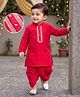 Babyhug Cotton Blend Woven Full Sleeves Solid Colour Dobby Embroidered Kurta Dhoti Set - Red