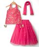 Babyhug Net Woven Sleeveless Embroidered Long Choli Lahenga Set with Foil Print Sequin Detailing & Dupatta - Dark Pink