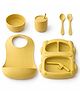 HONOR YOUR HOME 6 Pcs Silicone Baby Feeding Set, BPA Free & Microwave Safe Dinner Tableware Kit - Feeding Bowl, Suction Plate, Cup, Spoon, Fork & Bib for Kids (Mustard)