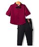 Babyhug Select Cotton Woven Full Sleeves Solid Party Shirt & Trouser with Bow & Suspender - Maroon