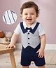 Mark & Mia Cotton Knit Half Sleeves Party Romper With Attached Striped Waistcoat & Bow Applique - Multicolor