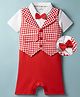 Mark & Mia Cotton Knit Half Sleeves Party Romper with Attached Checks Waistcoat & Bow Applique - Multicolor